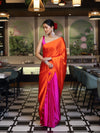 Banarasee Handloom Satin Hand Dyed Saree With Mirror Work-Orange & Pink