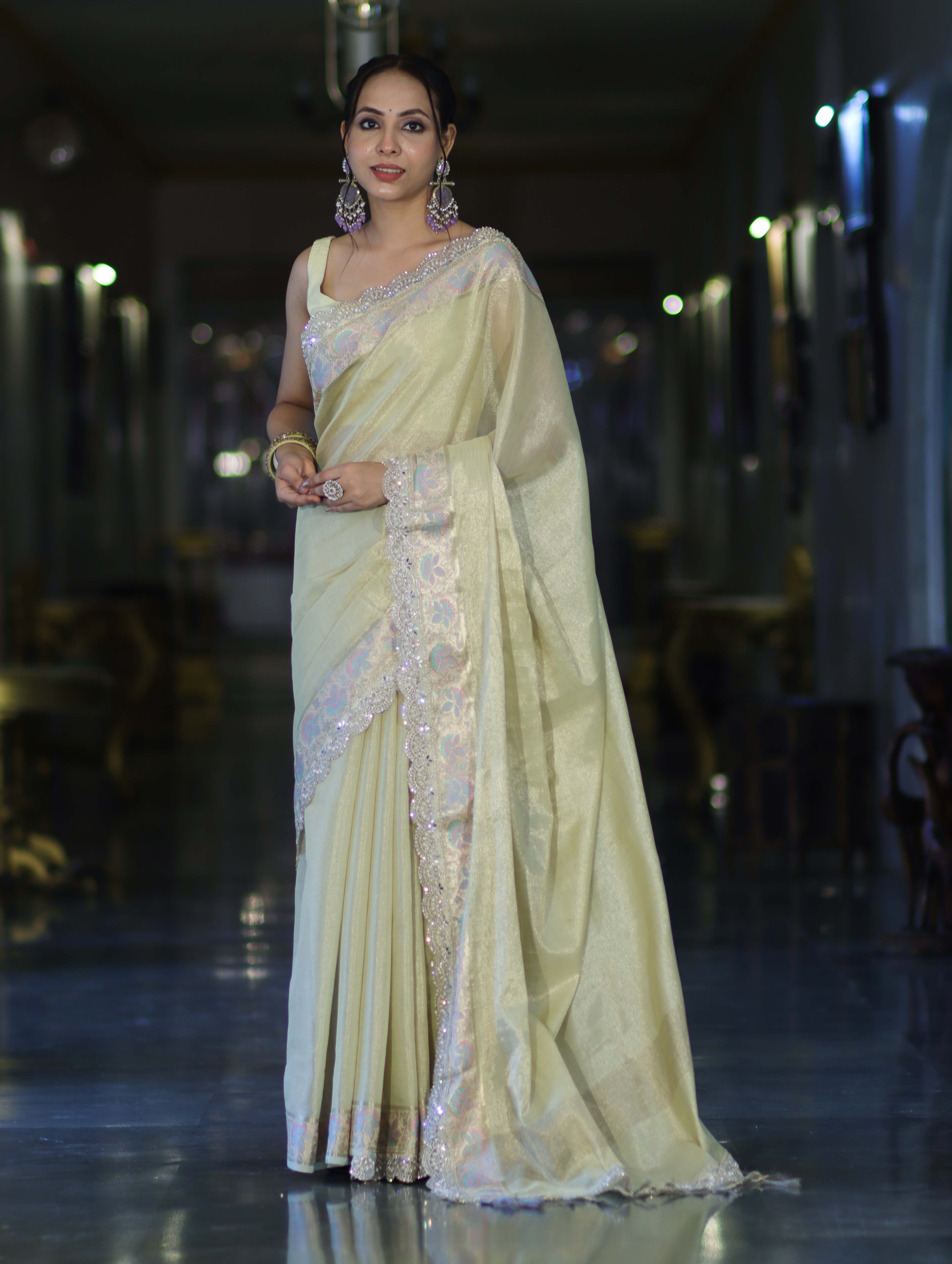 Banarasee Handloom Plain Soft Tissue Shine Saree With Resham Zari Border & Lace-Light Yellow