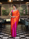 Banarasee Handloom Satin Hand Dyed Saree With Mirror Work-Orange & Pink
