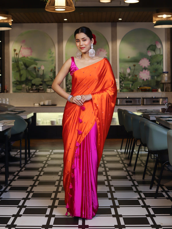 Banarasee Handloom Satin Hand Dyed Saree With Mirror Work-Orange & Pink