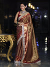 Banarasee Handwoven Tissue Saree With Zari Weaving Stripes Contrast Border & Lace-Rust & Maroon
