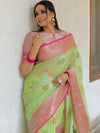 Banarasee Kota Checks Saree With Floral Buta & Border Design-Green & Pink