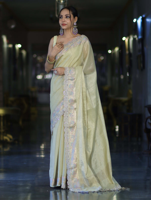 Banarasee Handloom Plain Soft Tissue Shine Saree With Resham Zari Border & Lace-Light Yellow