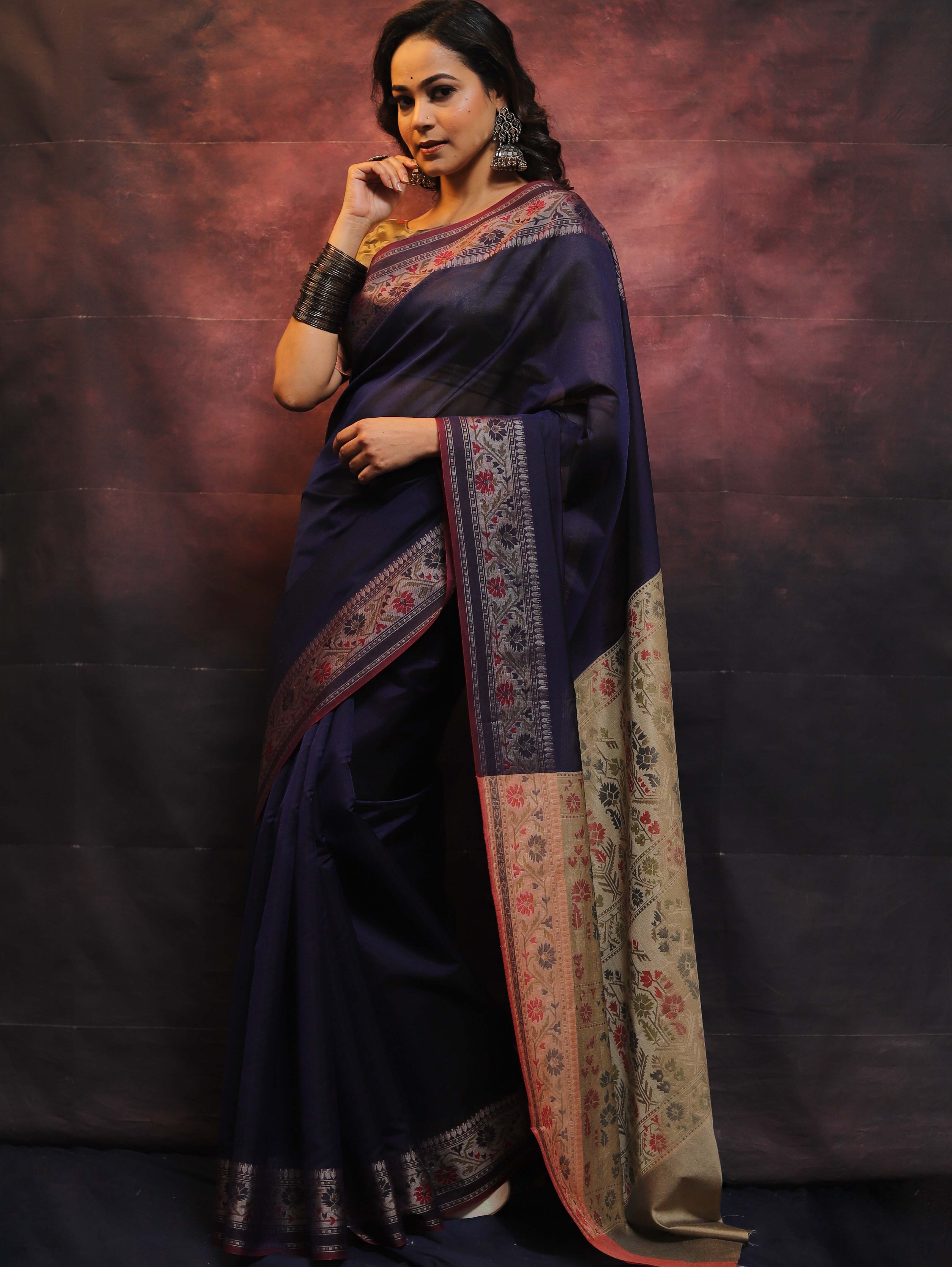 Banarasee Cotton Silk Saree With Resham Border & Pallu-Blue