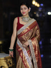 Banarasee Handwoven Tissue Saree With Zari Weaving Stripes Contrast Border & Lace-Rust & Maroon
