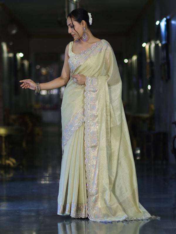 Banarasee Handloom Plain Soft Tissue Shine Saree With Resham Zari Border & Lace-Light Yellow