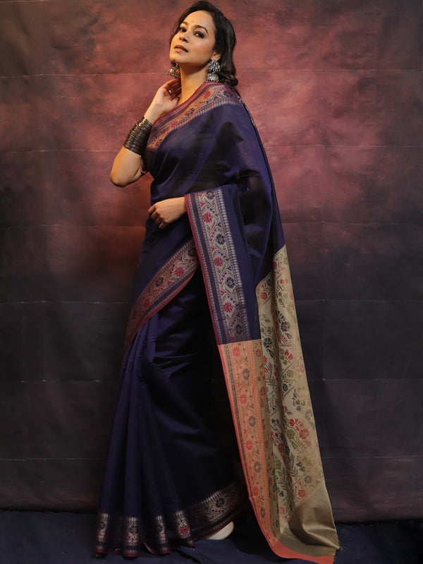 Banarasee Cotton Silk Saree With Resham Border & Pallu-Blue