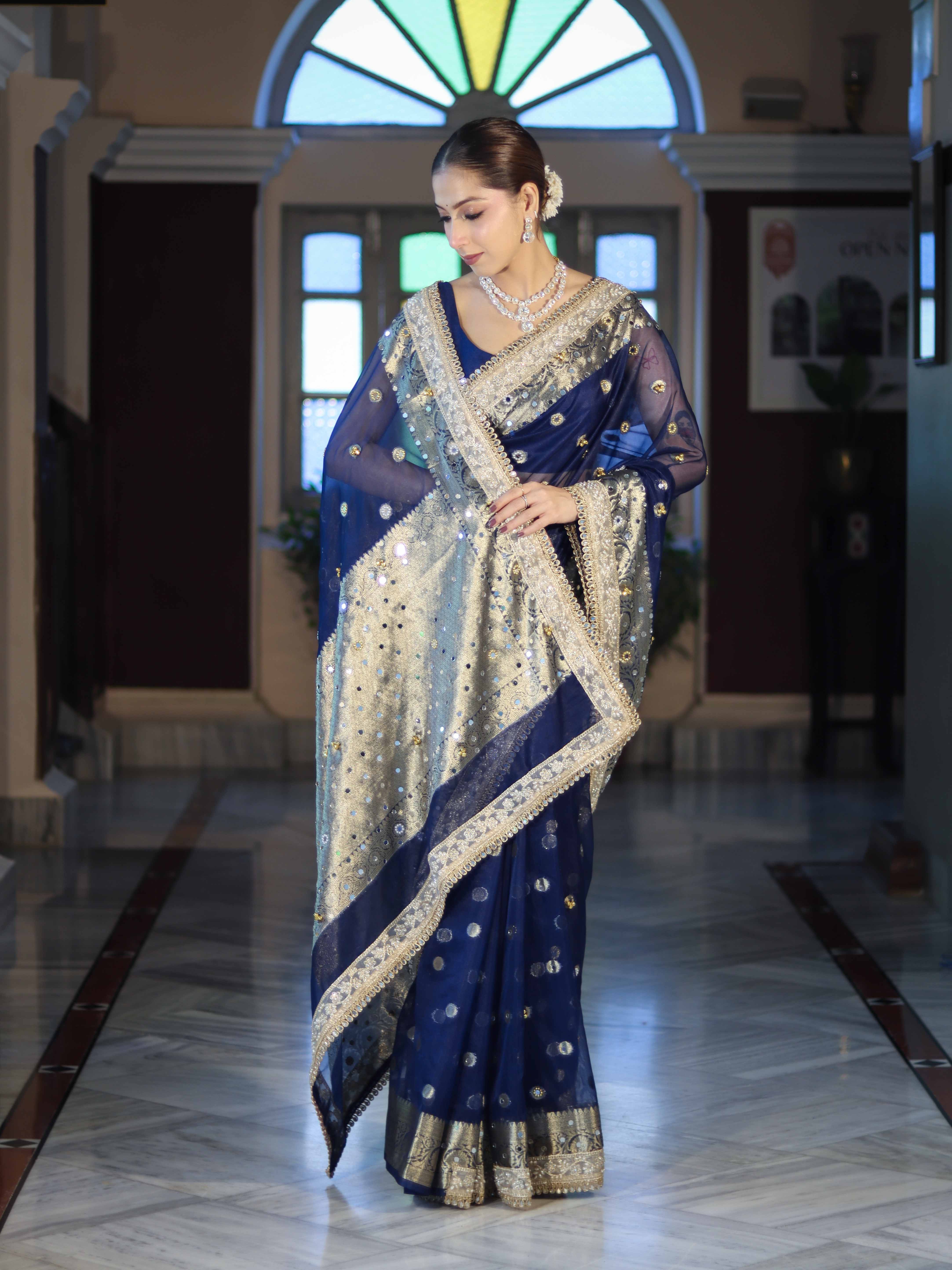 Banarasee Chiffon Hand Embroidered Saree With Mirror & Ghungroo Work-Blue