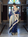 Banarasee Chiffon Hand Embroidered Saree With Mirror & Ghungroo Work-Blue