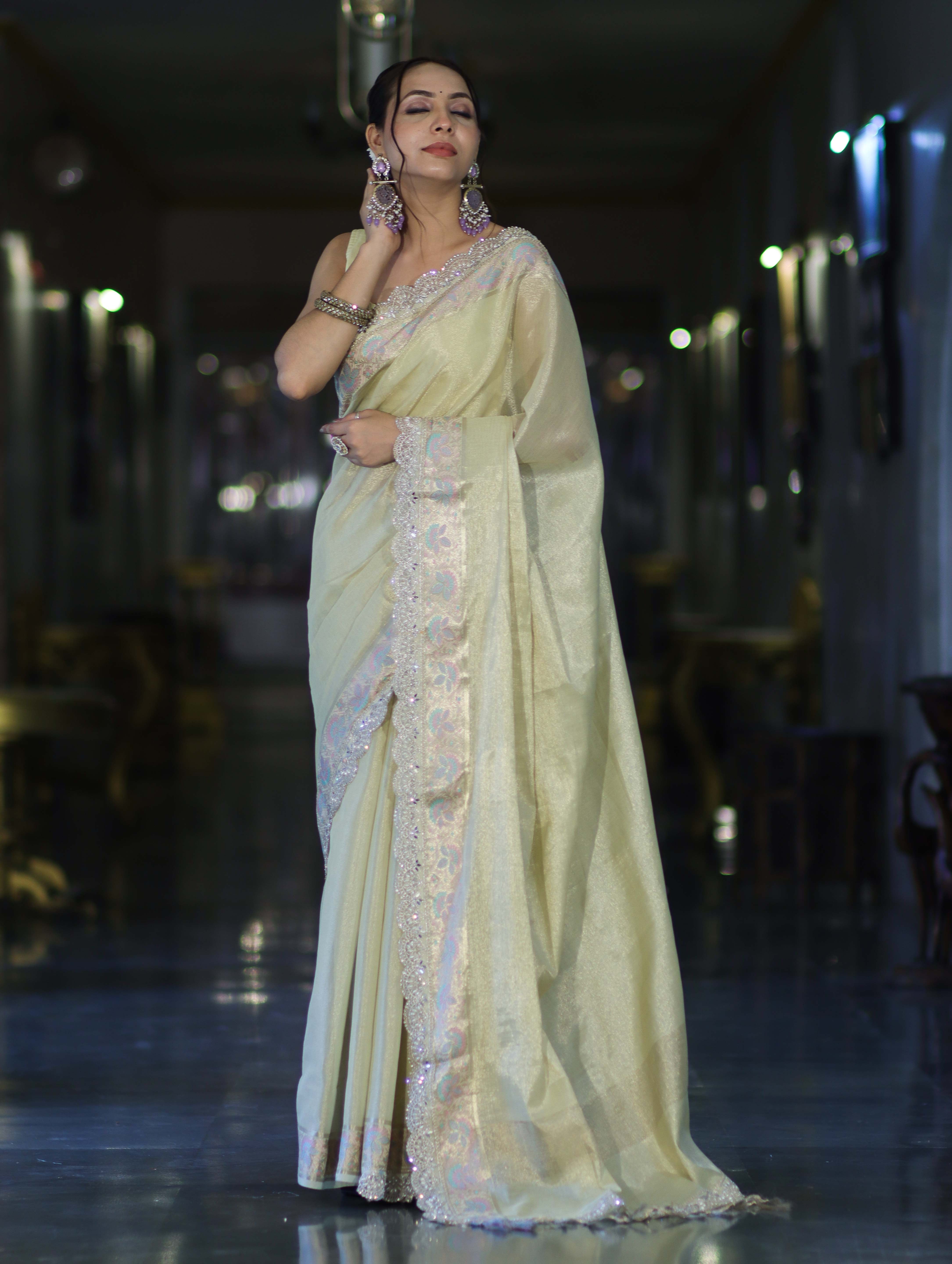 Banarasee Handloom Plain Soft Tissue Shine Saree With Resham Zari Border & Lace-Light Yellow
