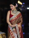 Banarasee Handwoven Tissue Saree With Zari Weaving Stripes Contrast Border & Lace-Rust & Maroon