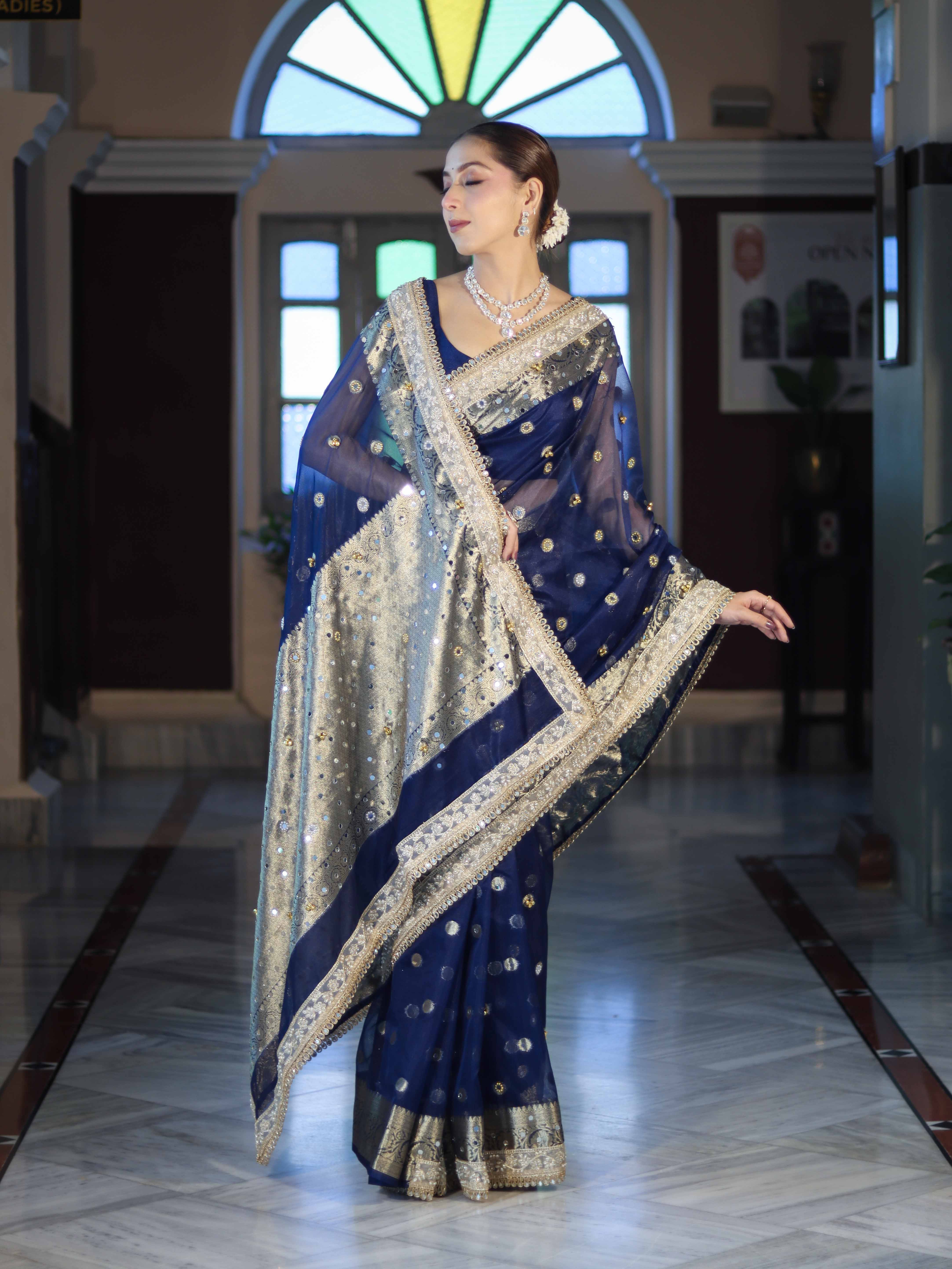 Banarasee Chiffon Hand Embroidered Saree With Mirror & Ghungroo Work-Blue