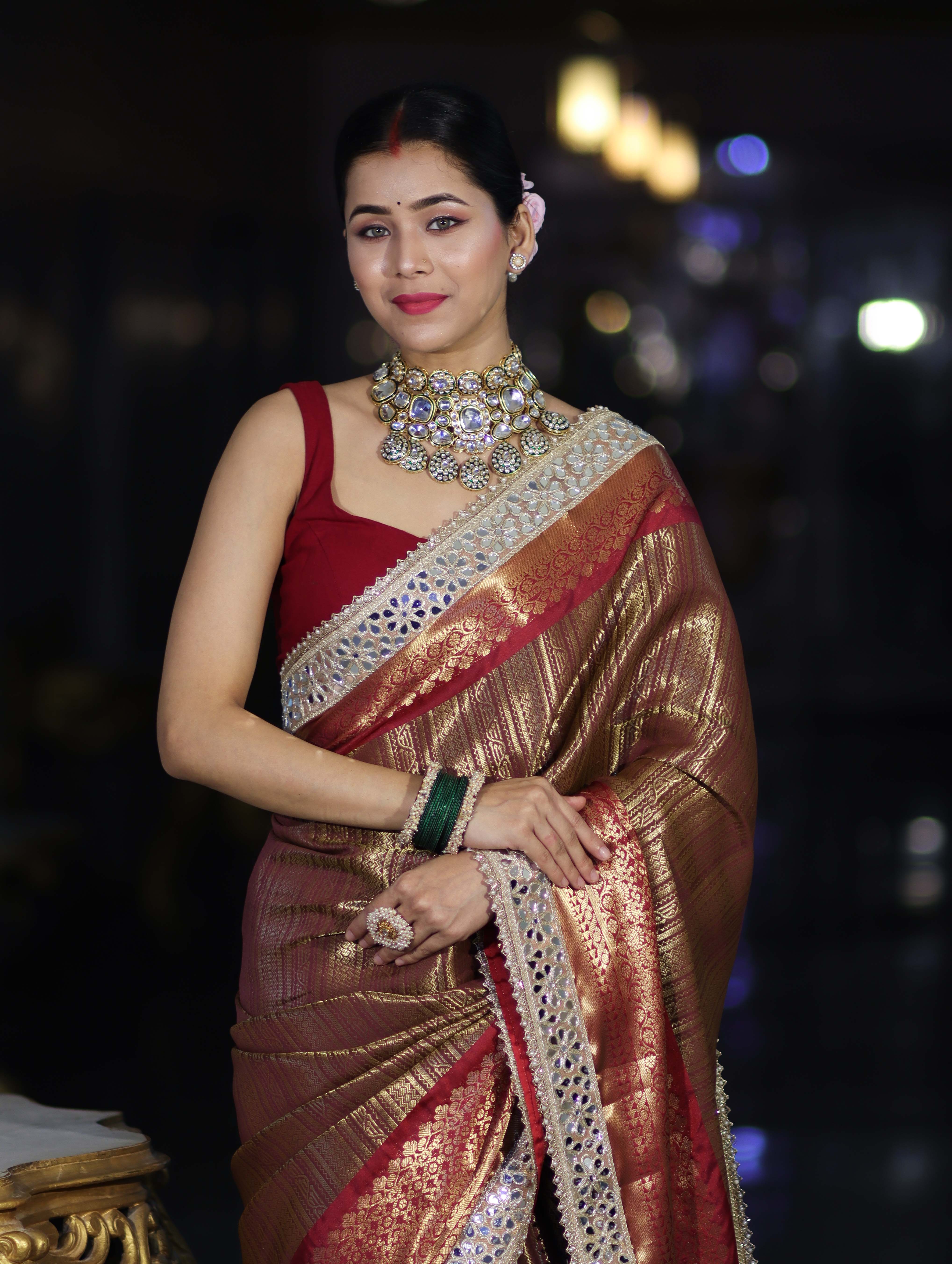 Banarasee Handwoven Tissue Saree With Zari Weaving Stripes Contrast Border & Lace-Rust & Maroon