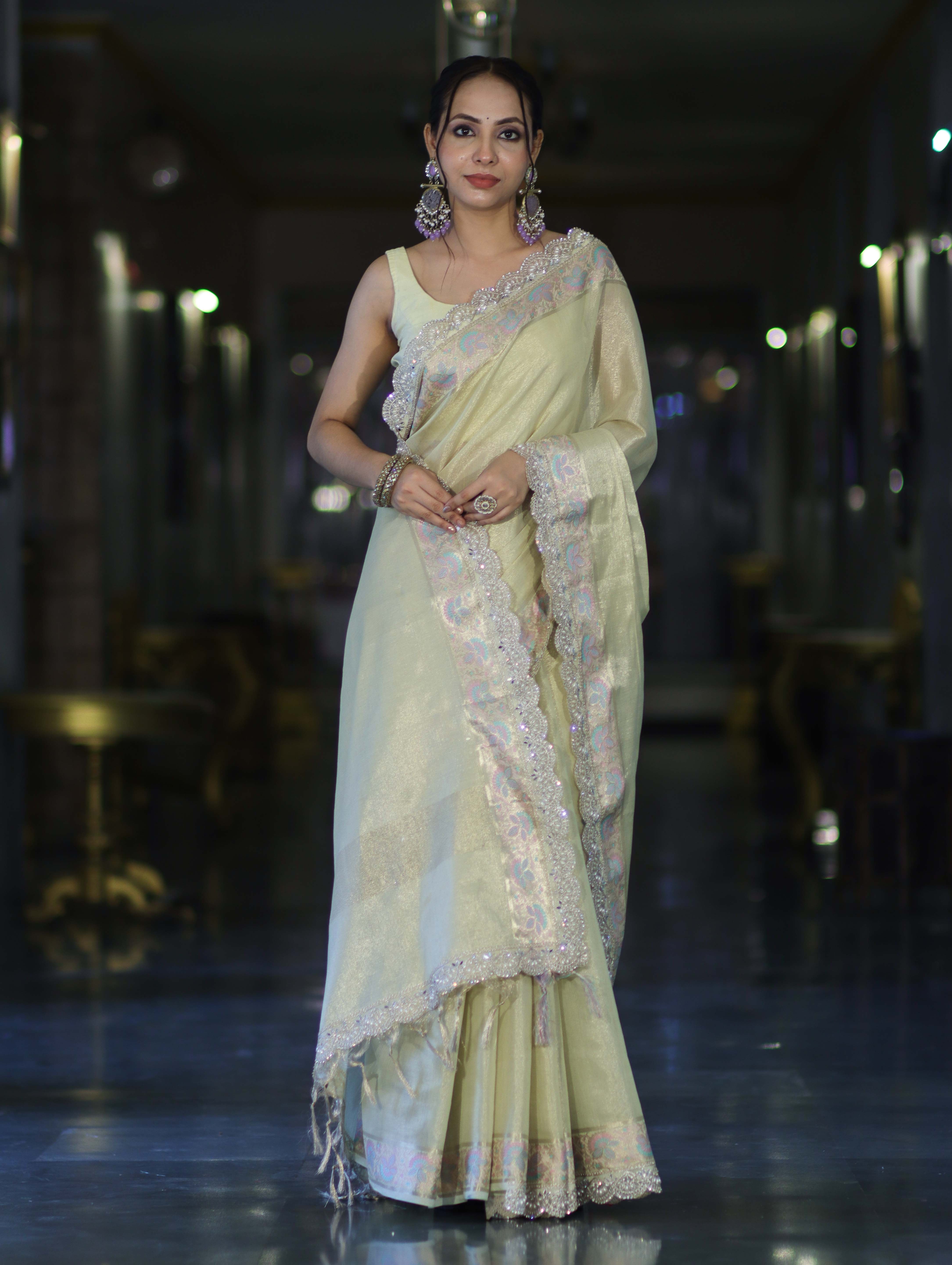 Banarasee Handloom Plain Soft Tissue Shine Saree With Resham Zari Border & Lace-Light Yellow