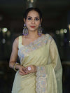 Banarasee Handloom Plain Soft Tissue Shine Saree With Resham Zari Border & Lace-Light Yellow