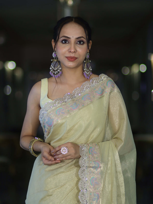 Banarasee Handloom Plain Soft Tissue Shine Saree With Resham Zari Border & Lace-Light Yellow