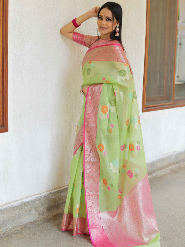 Banarasee Kota Checks Saree With Floral Buta & Border Design-Green & Pink