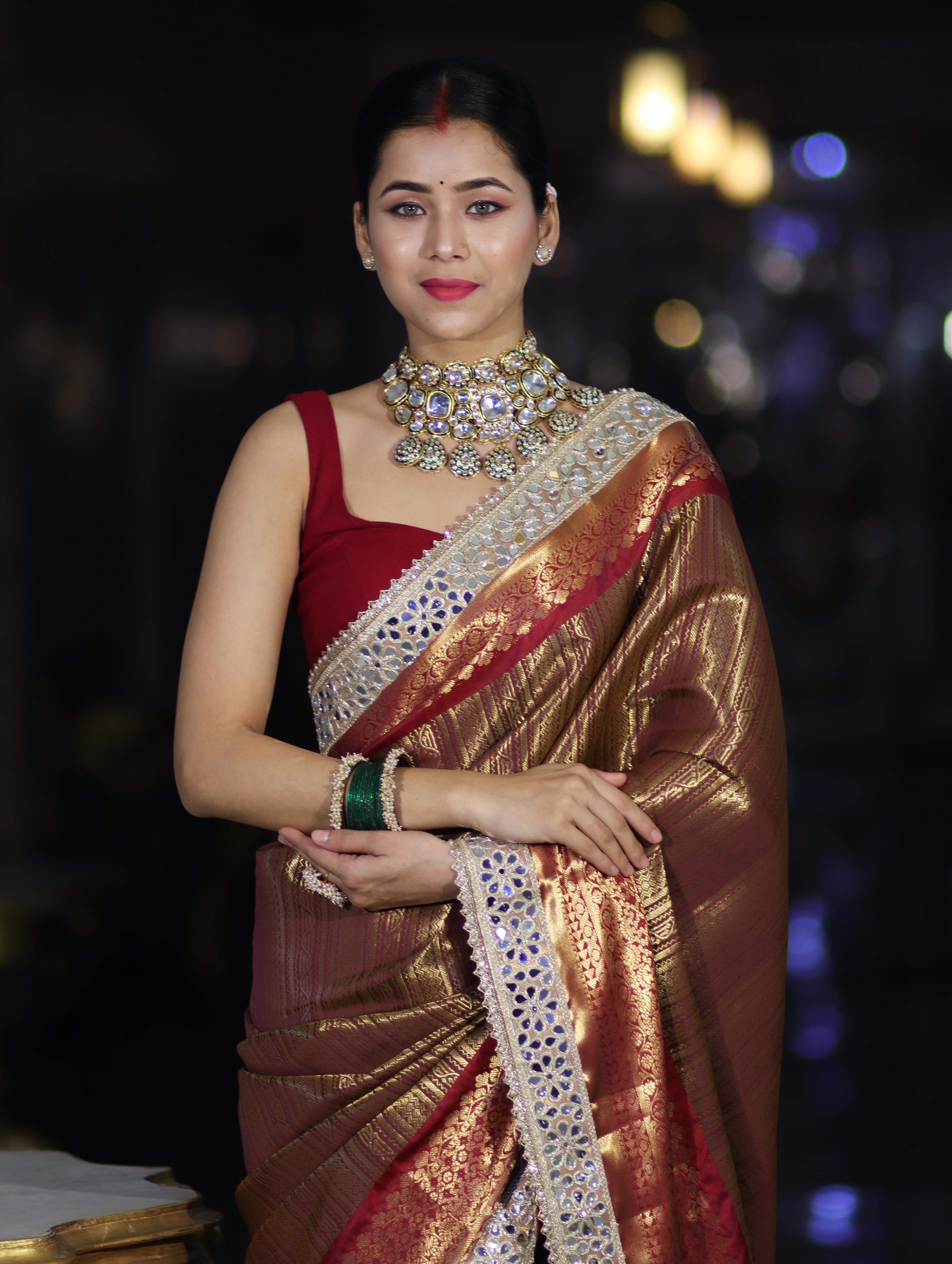 Banarasee Handwoven Tissue Saree With Zari Weaving Stripes Contrast Border & Lace-Rust & Maroon