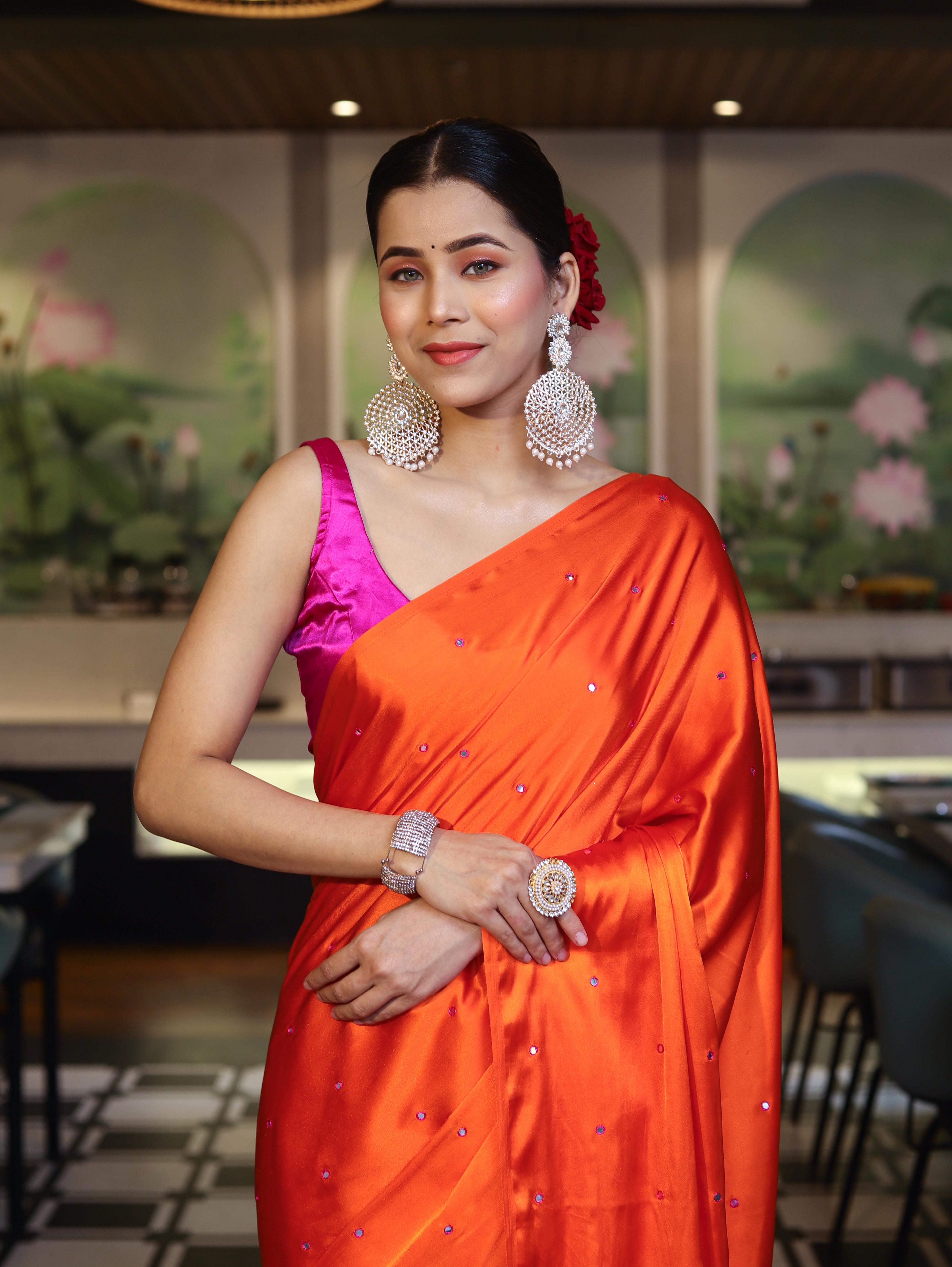 Banarasee Handloom Satin Hand Dyed Saree With Mirror Work-Orange & Pink