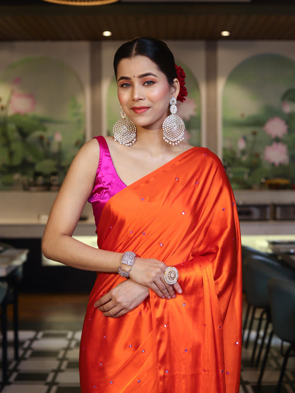 Banarasee Handloom Satin Hand Dyed Saree With Mirror Work-Orange & Pink