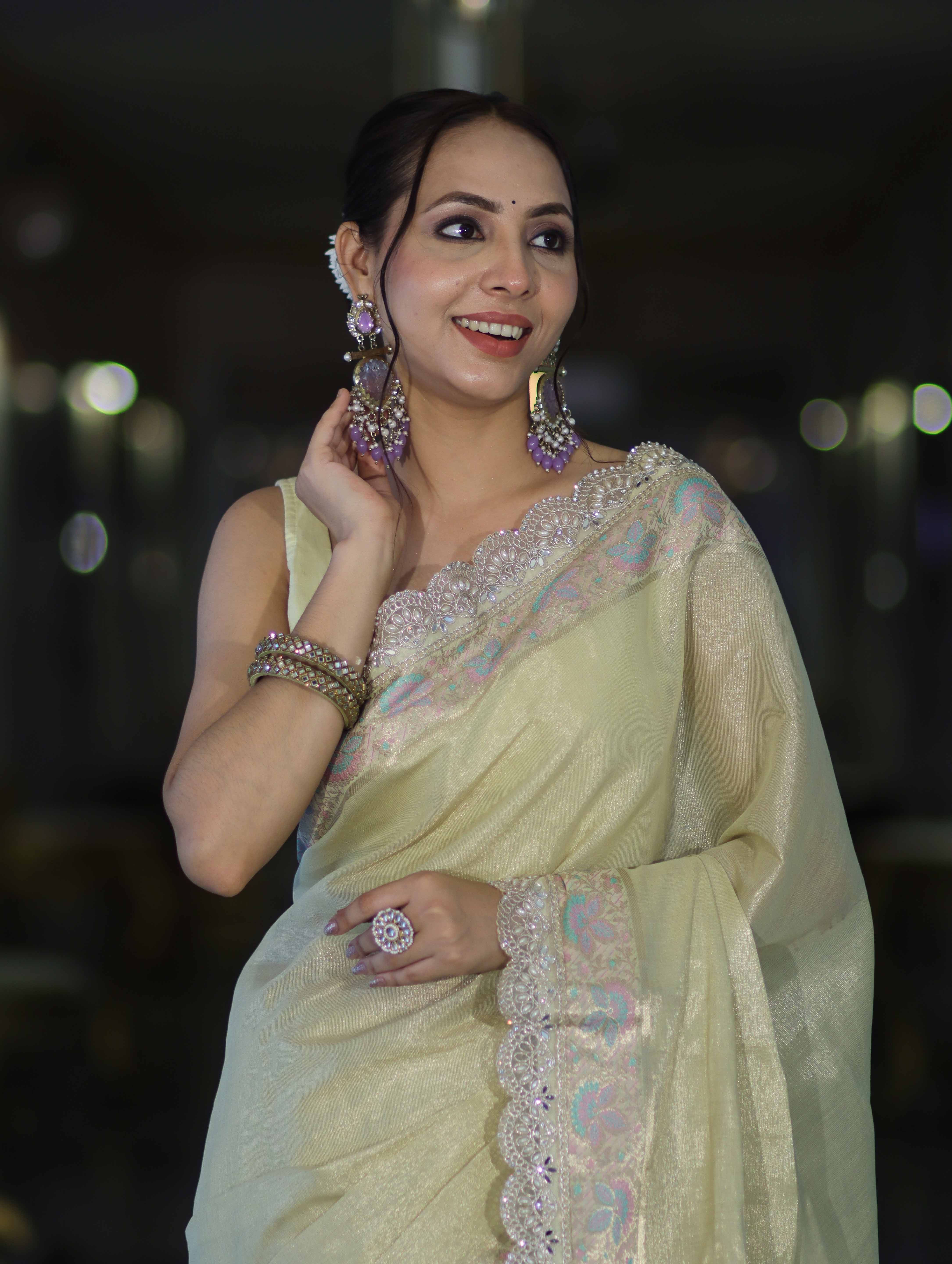 Banarasee Handloom Plain Soft Tissue Shine Saree With Resham Zari Border & Lace-Light Yellow