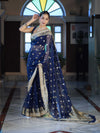 Banarasee Chiffon Hand Embroidered Saree With Mirror & Ghungroo Work-Blue