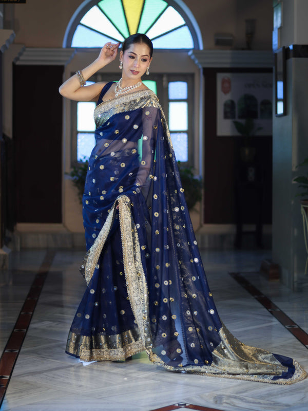 Banarasee Chiffon Hand Embroidered Saree With Mirror & Ghungroo Work-Blue