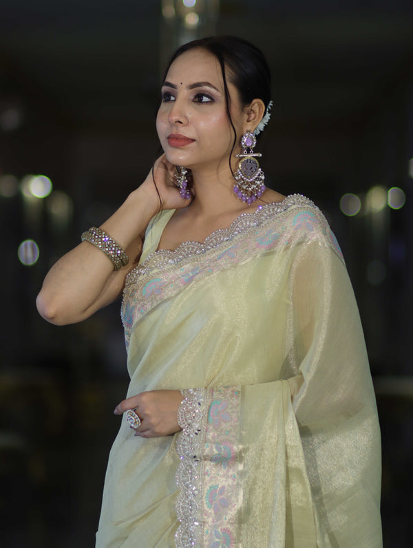 Banarasee Handloom Plain Soft Tissue Shine Saree With Resham Zari Border & Lace-Light Yellow