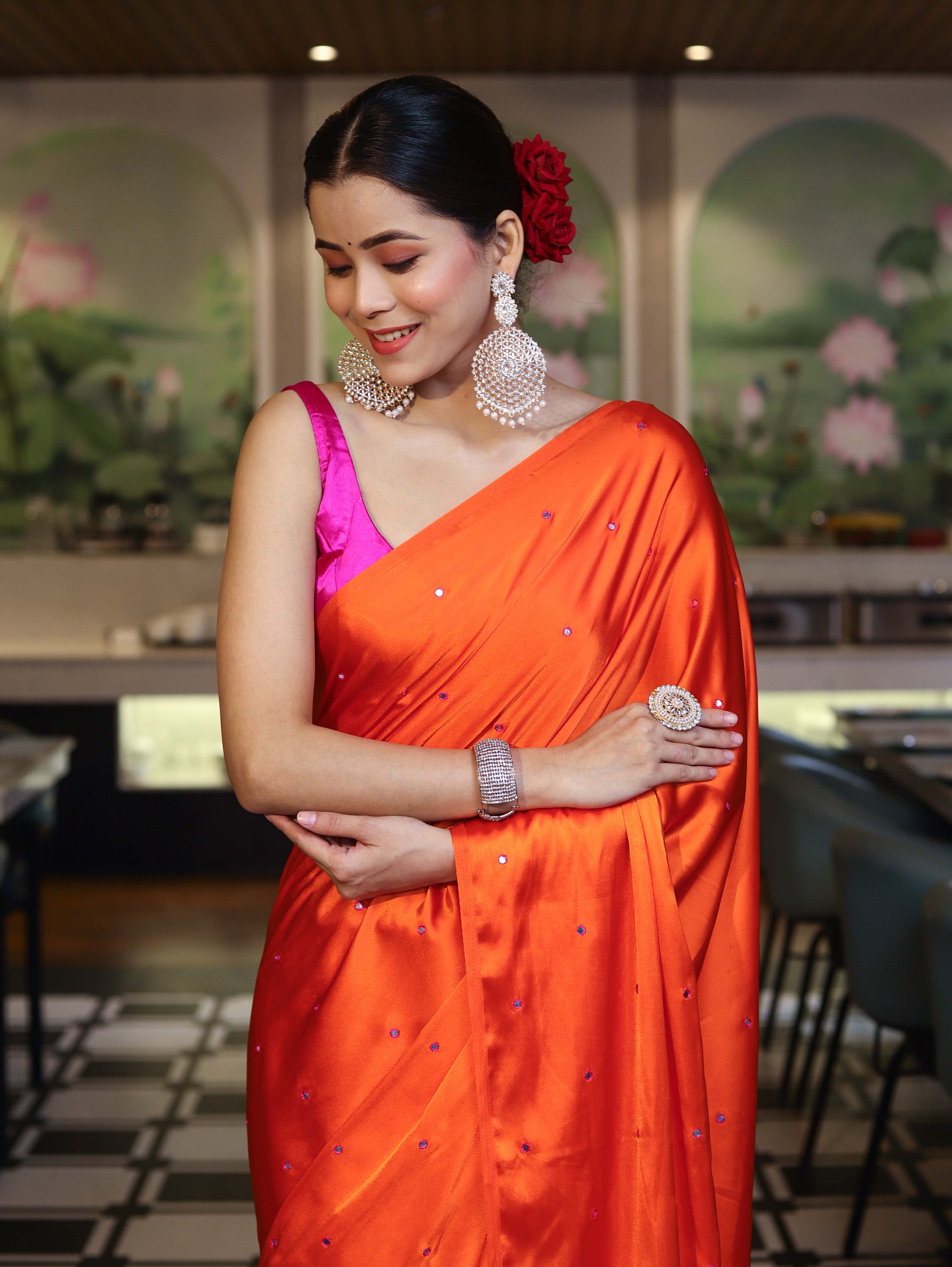 Banarasee Handloom Satin Hand Dyed Saree With Mirror Work-Orange & Pink