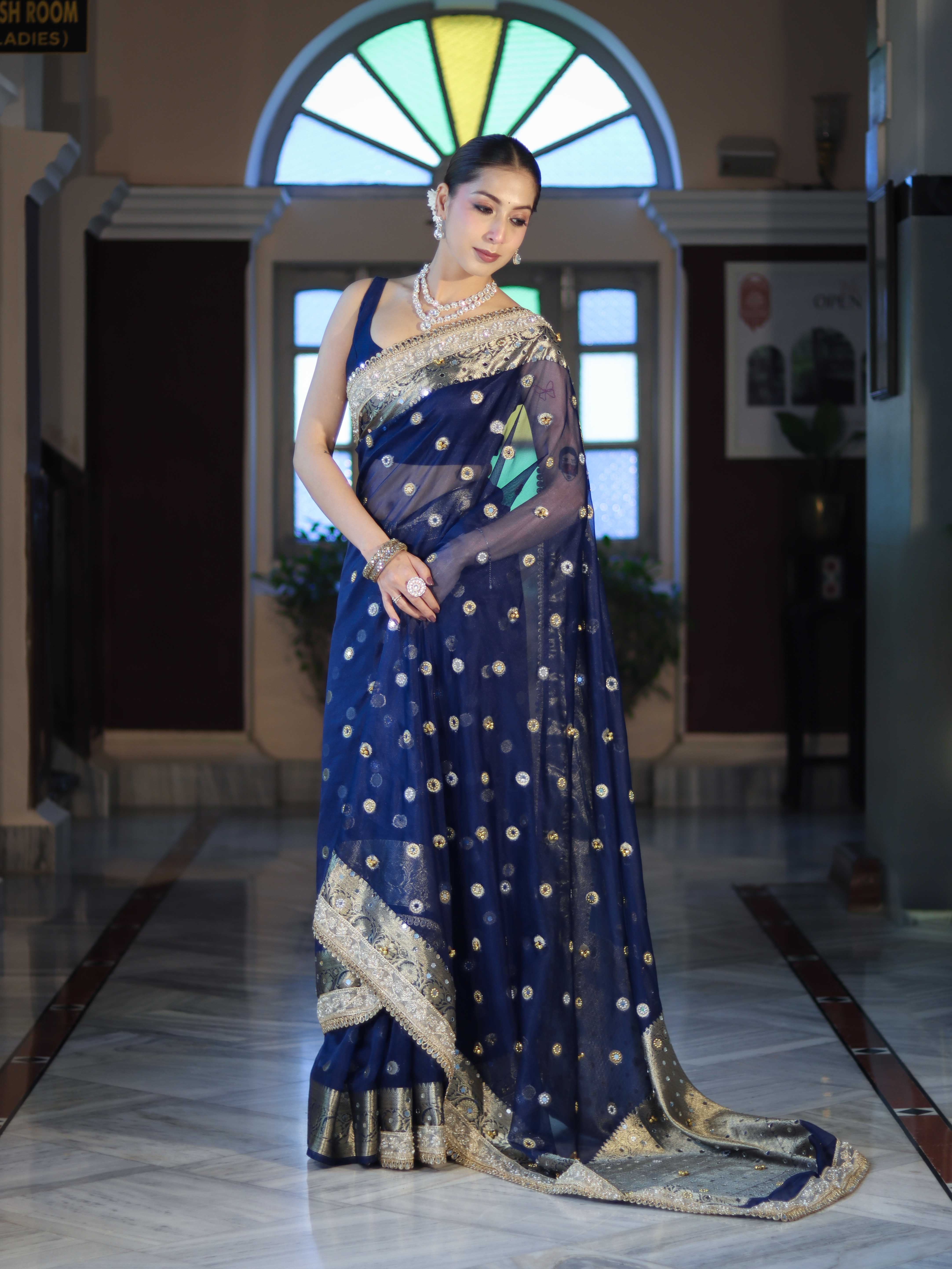 Banarasee Chiffon Hand Embroidered Saree With Mirror & Ghungroo Work-Blue