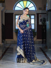 Banarasee Chiffon Hand Embroidered Saree With Mirror & Ghungroo Work-Blue