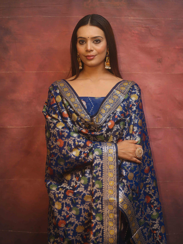 Banarasee Cotton Silk Resham Work Salwar Kameez Fabric With Dupatta-Blue