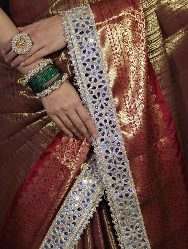 Banarasee Handwoven Tissue Saree With Zari Weaving Stripes Contrast Border & Lace-Rust & Maroon