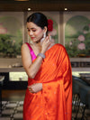 Banarasee Handloom Satin Hand Dyed Saree With Mirror Work-Orange & Pink