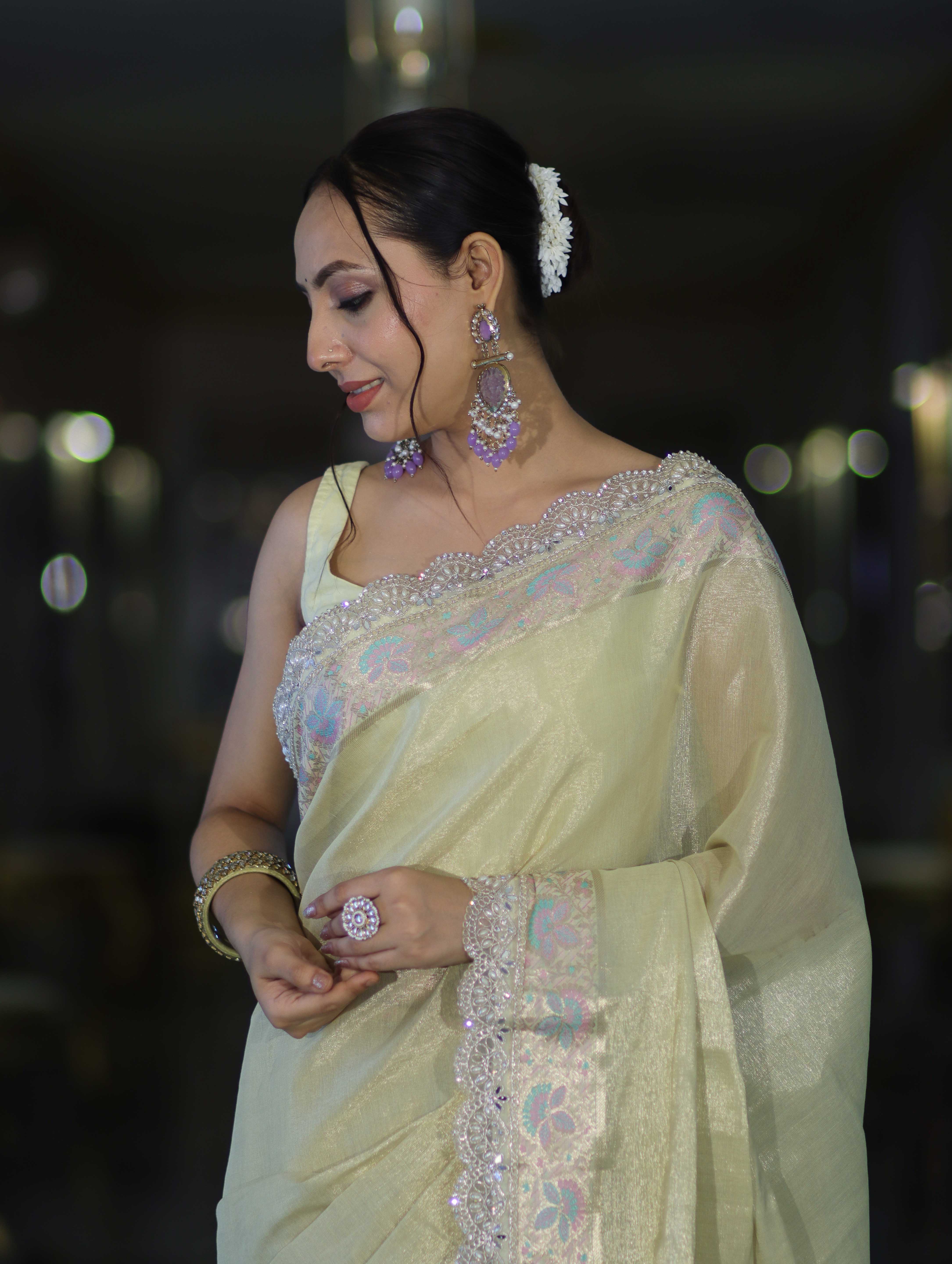 Banarasee Handloom Plain Soft Tissue Shine Saree With Resham Zari Border & Lace-Light Yellow
