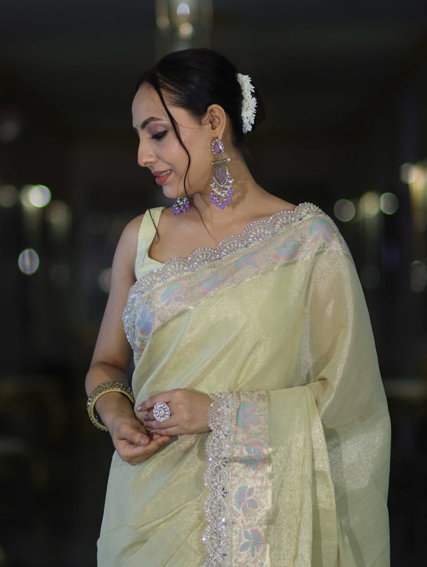 Banarasee Handloom Plain Soft Tissue Shine Saree With Resham Zari Border & Lace-Light Yellow