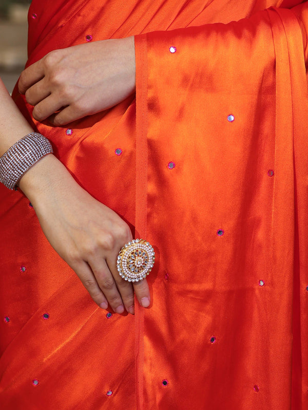 Banarasee Handloom Satin Hand Dyed Saree With Mirror Work-Orange & Pink