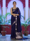Banarasee Cotton Silk Plain Saree With Floral Zari Border-Navy Blue