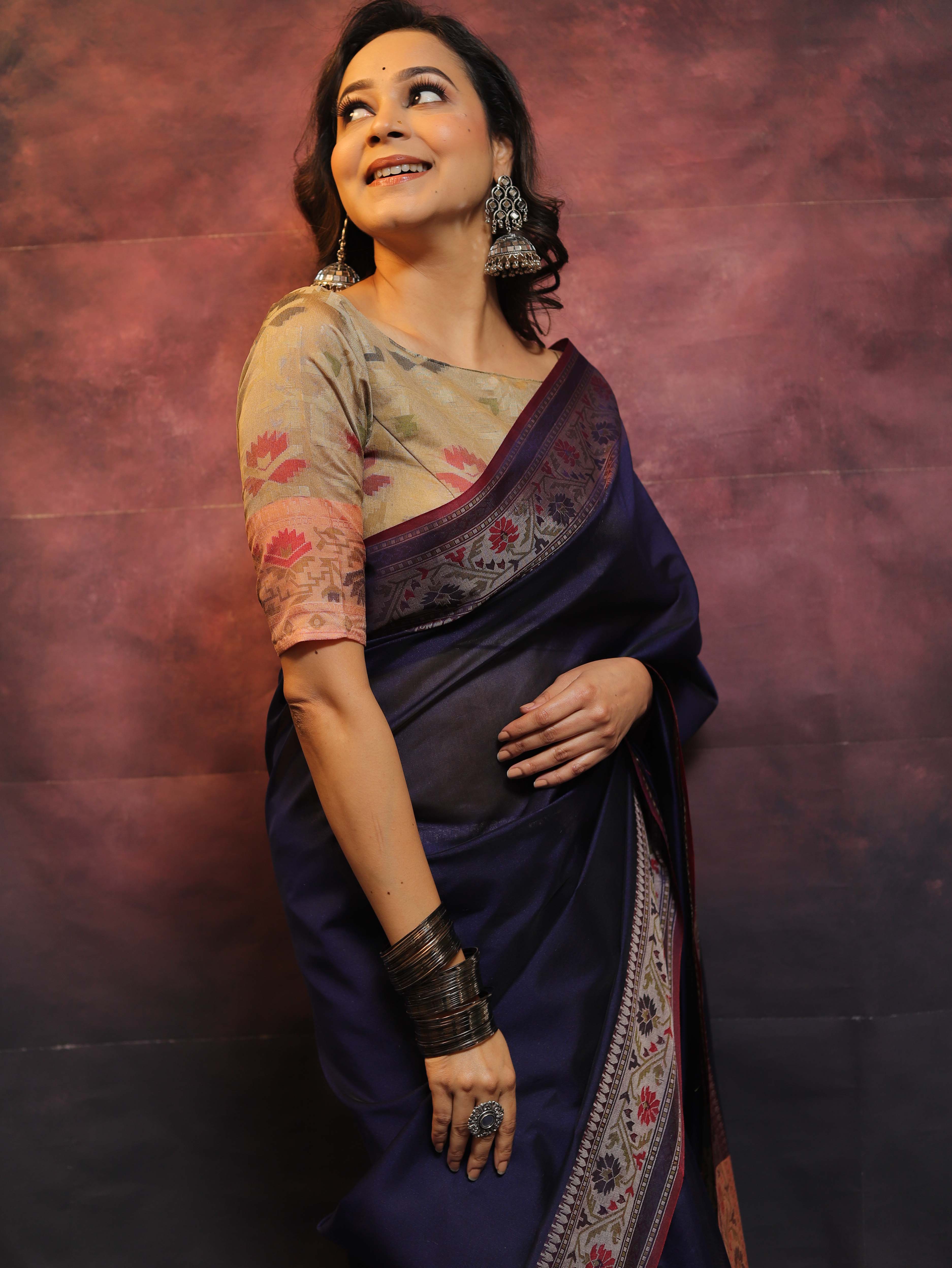 Banarasee Cotton Silk Saree With Resham Border & Pallu-Blue