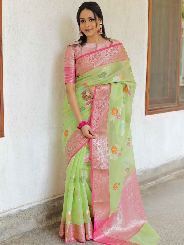 Banarasee Kota Checks Saree With Floral Buta & Border Design-Green & Pink