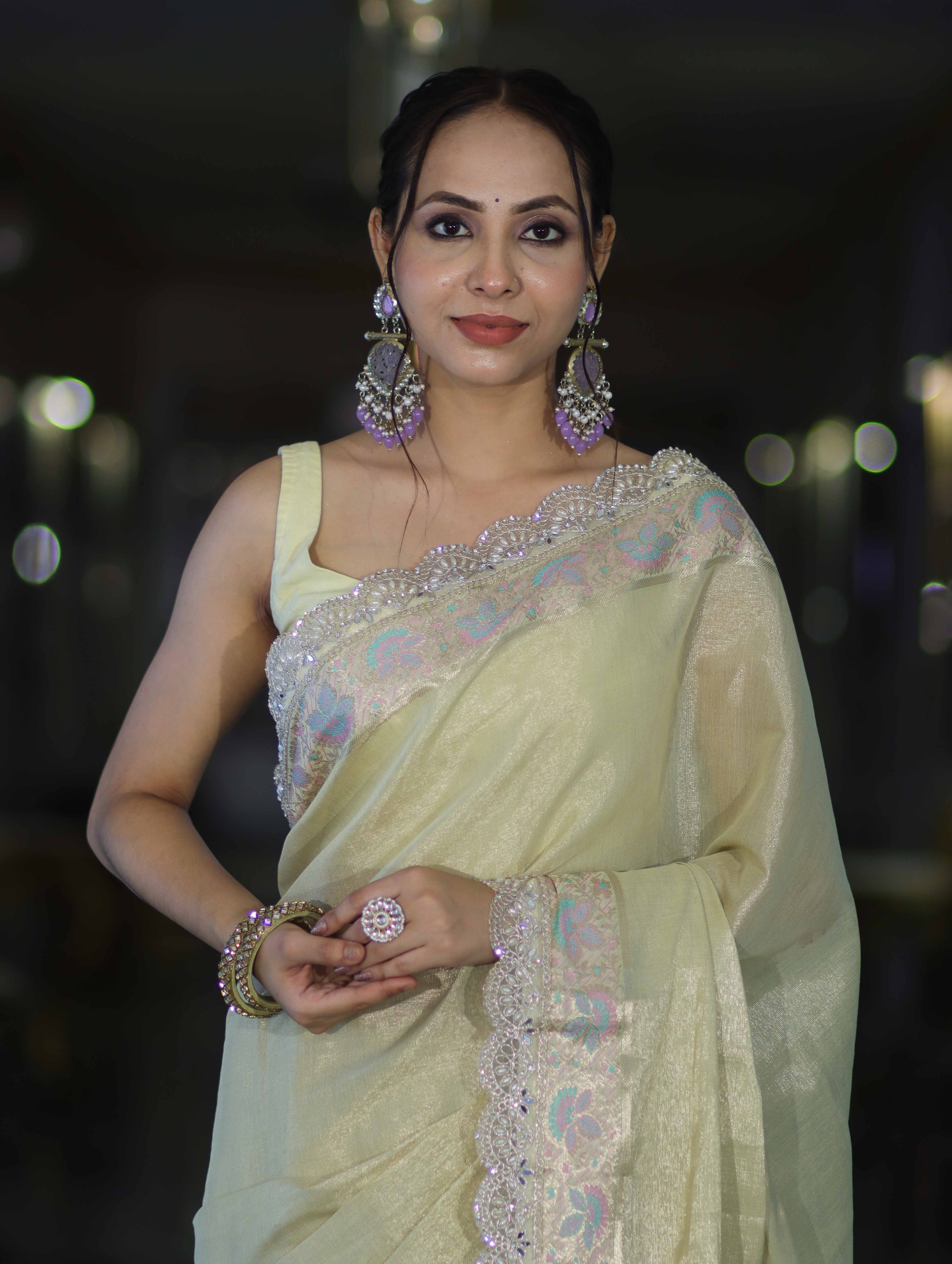Banarasee Handloom Plain Soft Tissue Shine Saree With Resham Zari Border & Lace-Light Yellow
