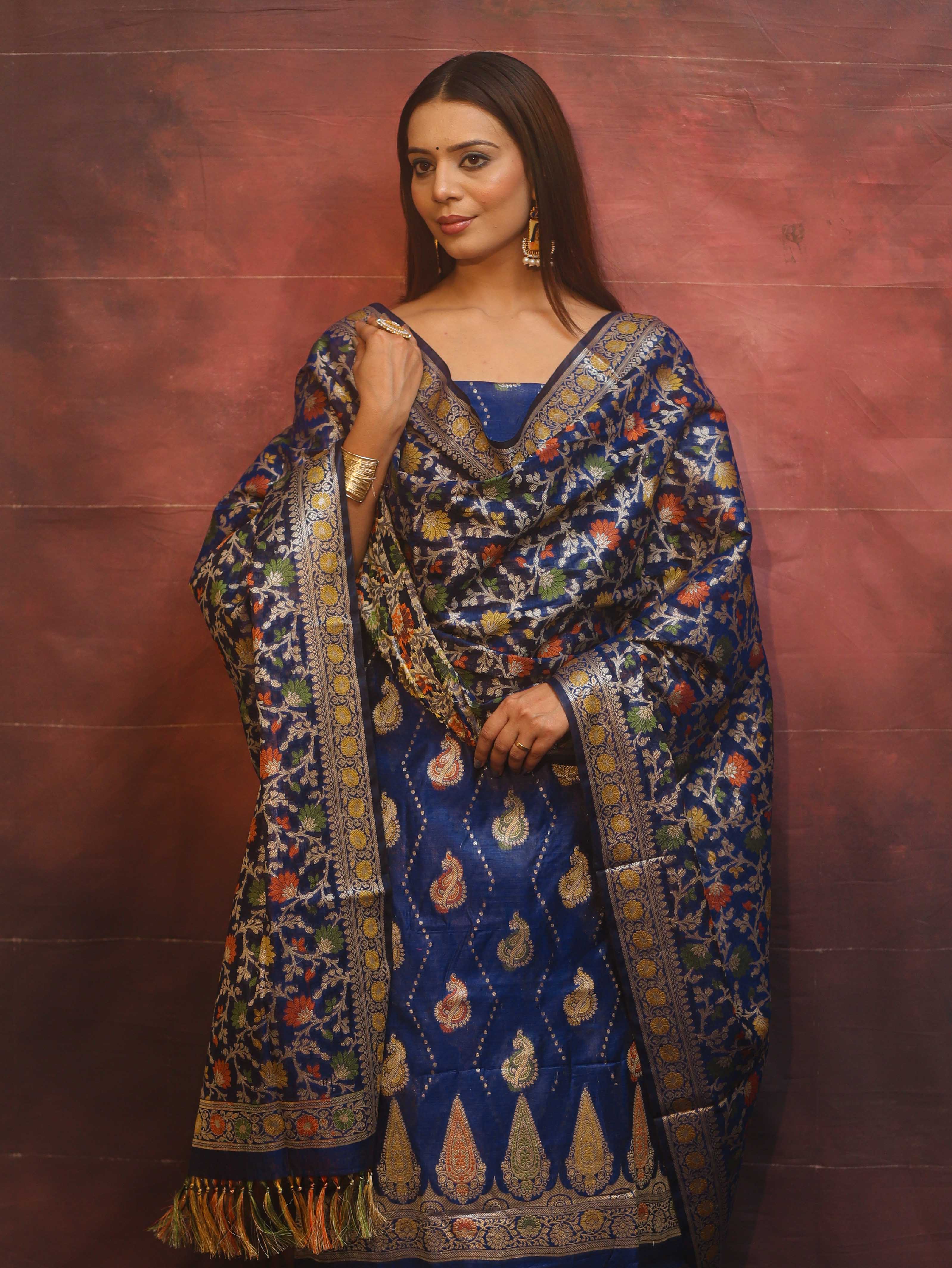 Banarasee Cotton Silk Resham Work Salwar Kameez Fabric With Dupatta-Blue