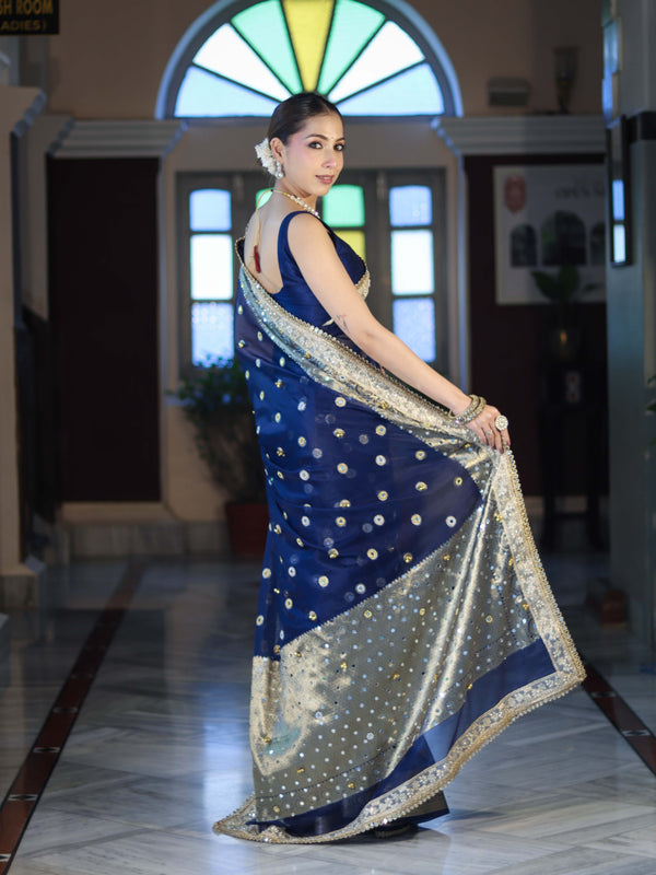 Banarasee Chiffon Hand Embroidered Saree With Mirror & Ghungroo Work-Blue