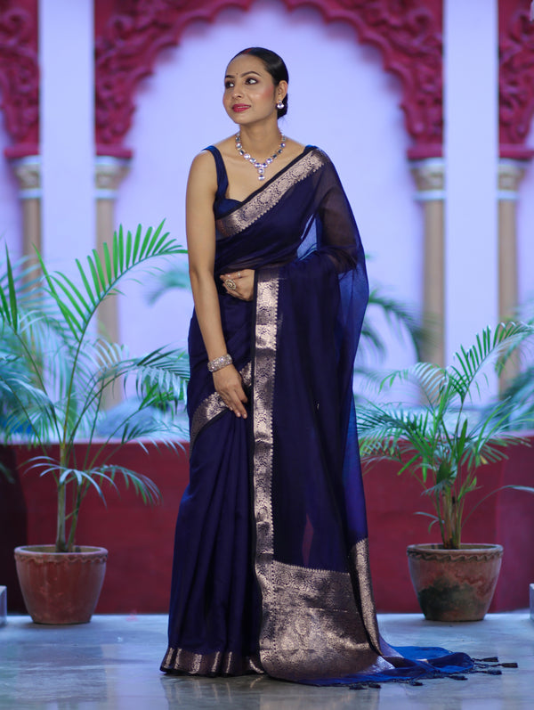 Banarasee Cotton Silk Plain Saree With Floral Zari Border-Navy Blue