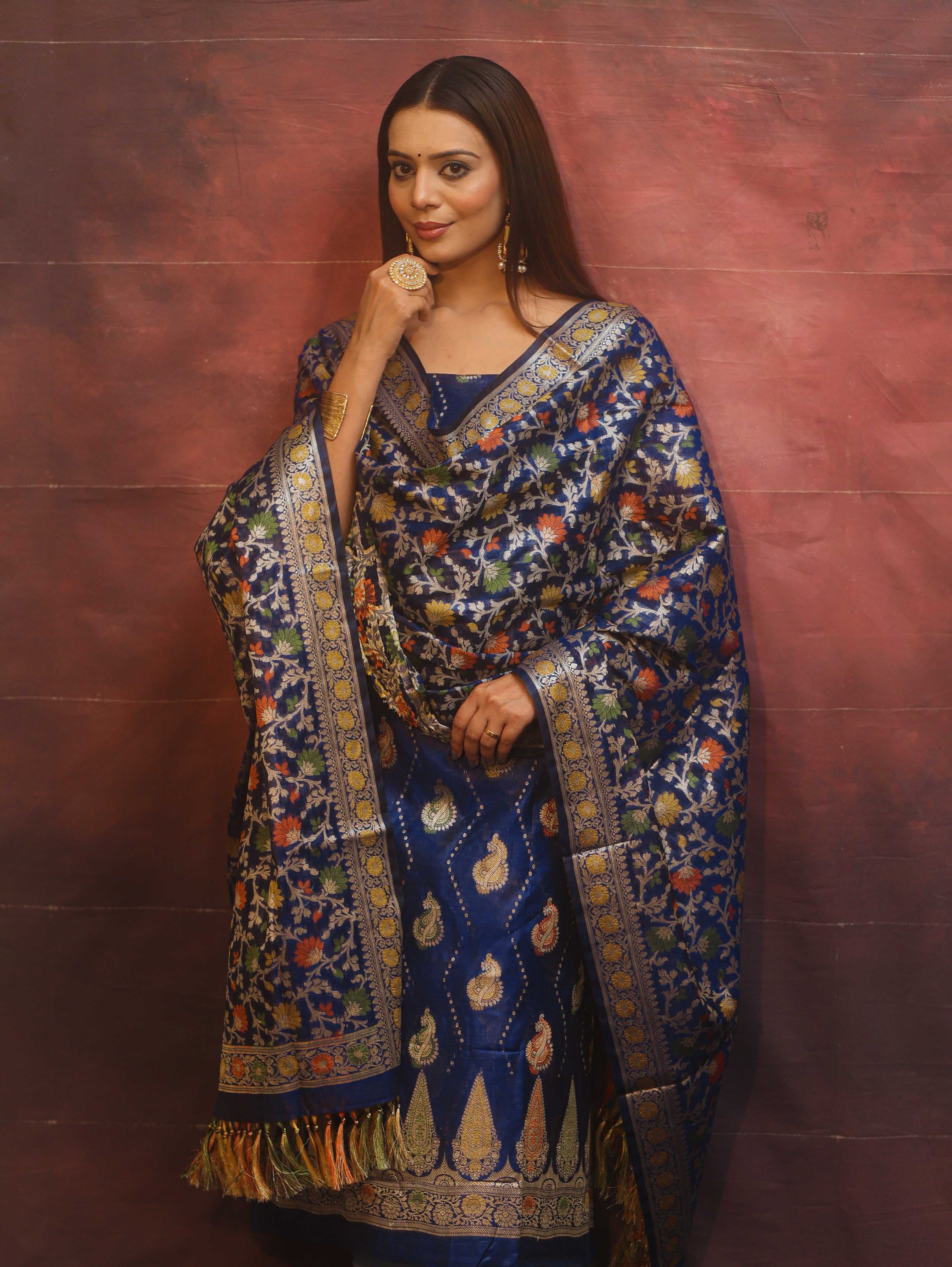 Banarasee Cotton Silk Resham Work Salwar Kameez Fabric With Dupatta-Blue