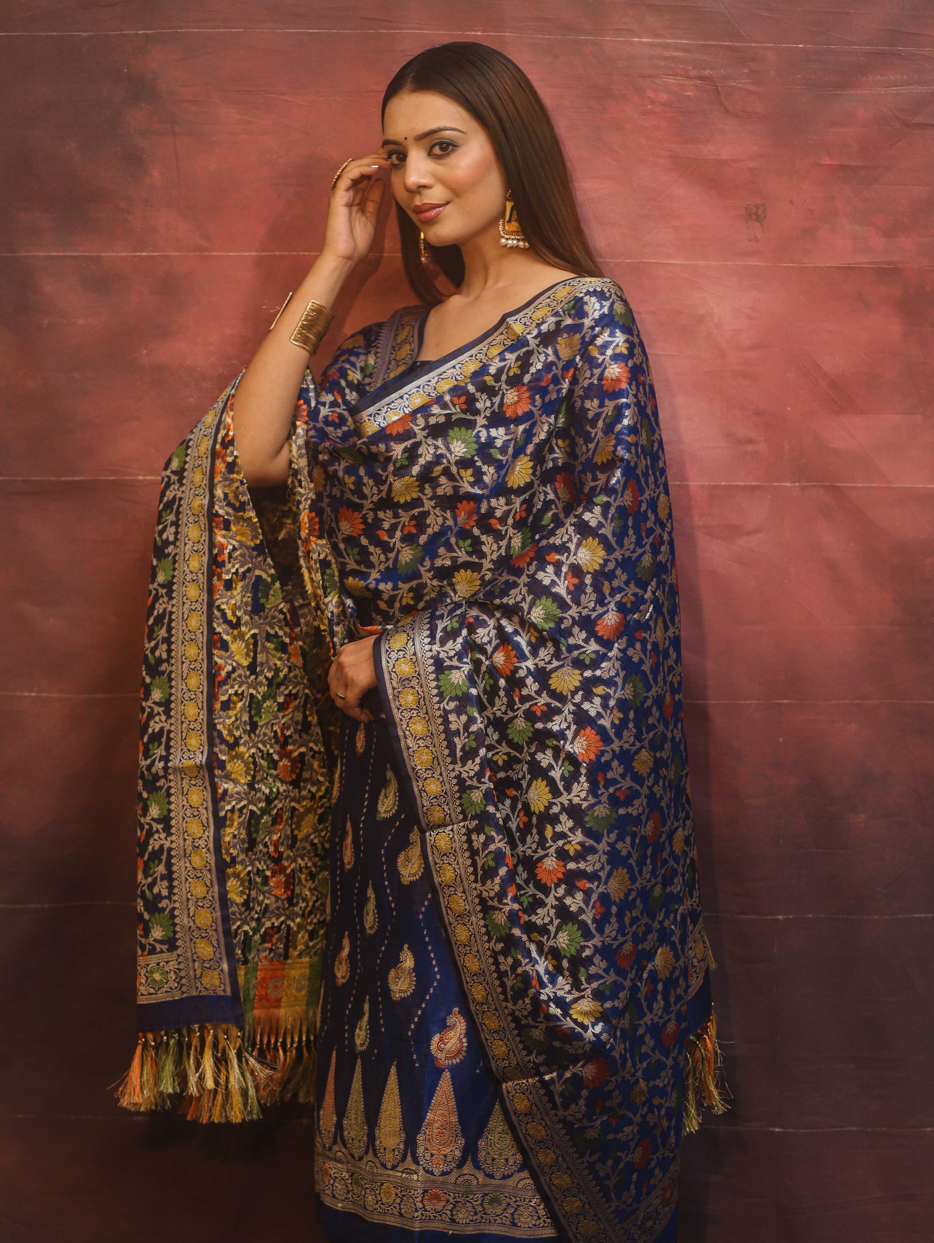 Banarasee Cotton Silk Resham Work Salwar Kameez Fabric With Dupatta-Blue
