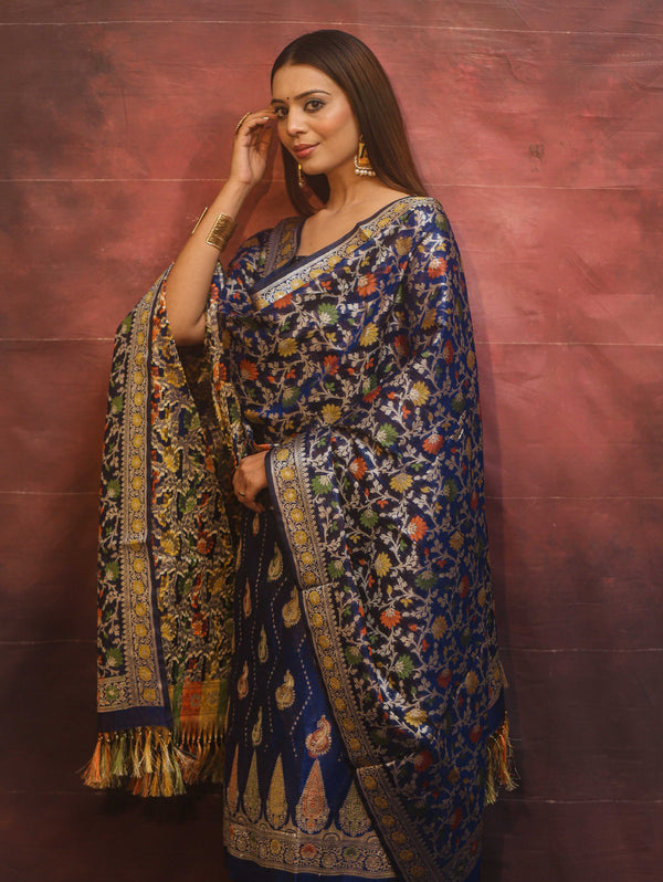 Banarasee Cotton Silk Resham Work Salwar Kameez Fabric With Dupatta-Blue