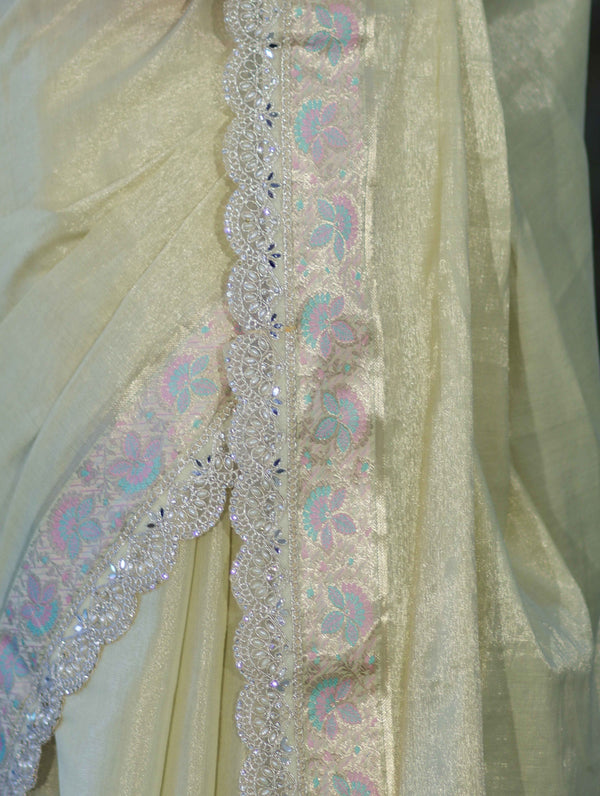 Banarasee Handloom Plain Soft Tissue Shine Saree With Resham Zari Border & Lace-Light Yellow