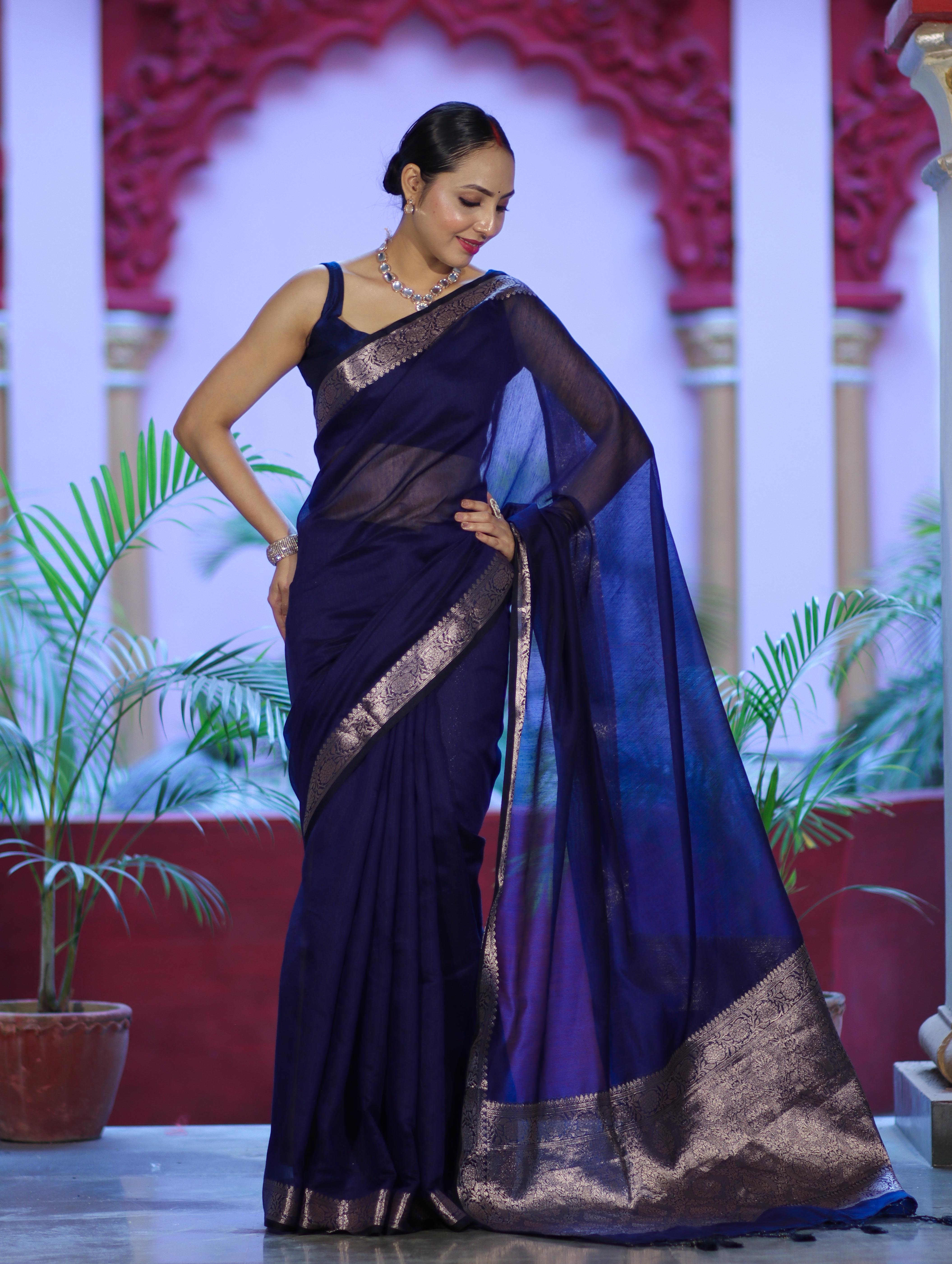 Banarasee Cotton Silk Plain Saree With Floral Zari Border-Navy Blue