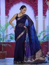 Banarasee Cotton Silk Plain Saree With Floral Zari Border-Navy Blue